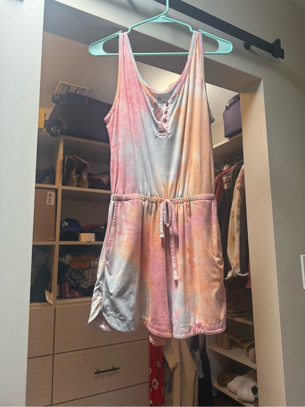 Wallflower Pastel Tie-Dye Sleeveless Romper in Pink, Peach & Light Blue
